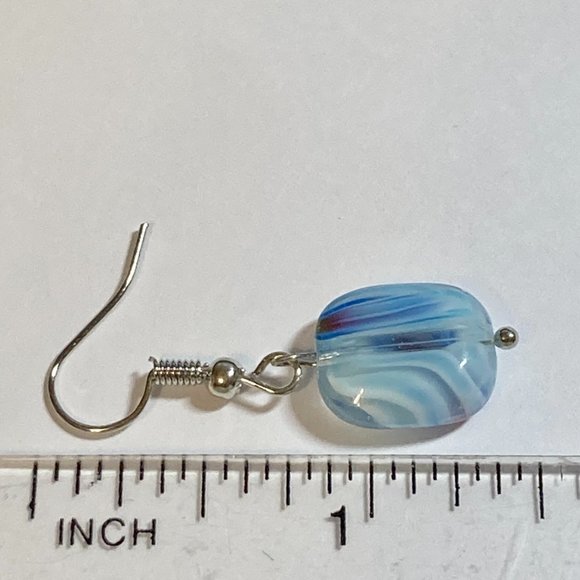 Murano Art Glass Swirl Bead Earrings Rectangle Blue White Silver Plated HandMade - Picture 4 of 7